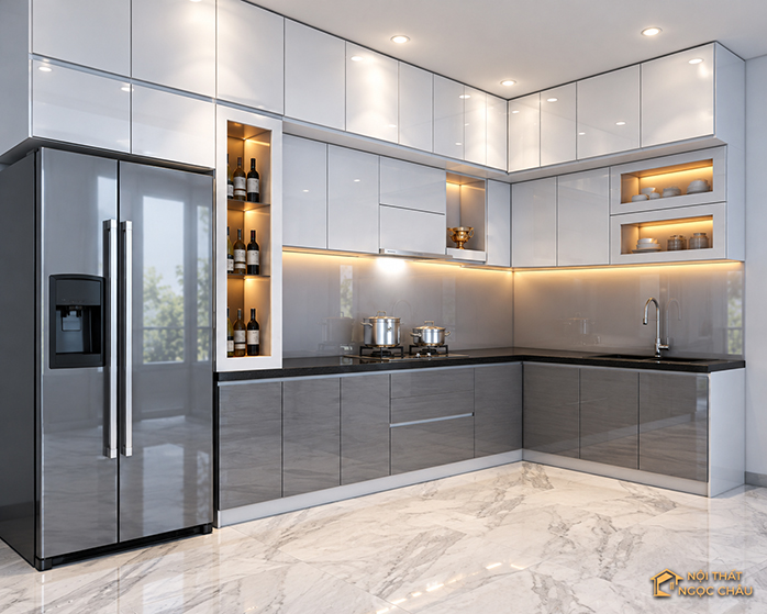 Tủ bếp nhựa Acrylic chữ L nhà em Cường tại Sóc Sơn
